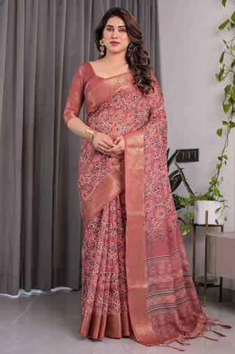 Linen weaved with golden zari linen weaved with golden zari blend handloom saree with floral motif and tassel border