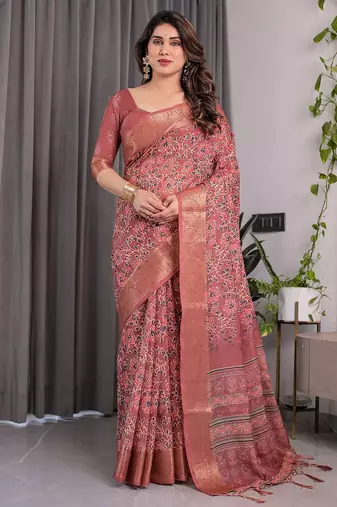 Linen weaved with golden zari linen weaved with golden zari blend handloom saree with floral motif and tassel border