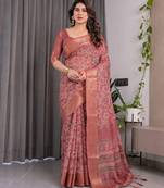Linen weaved with golden zari linen weaved with golden zari blend handloom saree with floral motif and tassel border