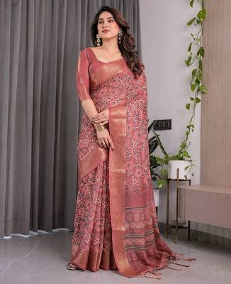 Linen weaved with golden zari linen weaved with golden zari blend handloom saree with floral motif and tassel border 5