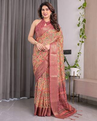 Women   s handloom linen weaved with golden zari saree     floral printed with attached blouse & tassels 1