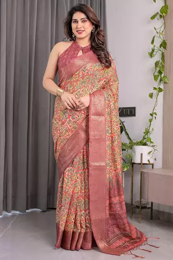 Women’s handloom linen weaved with golden zari saree – floral printed with attached blouse & tassels
