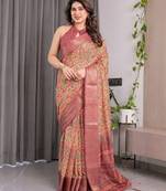 Women   s handloom linen weaved with golden zari saree     floral printed with attached blouse & tassels