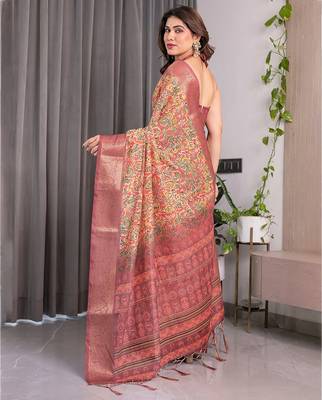 Women   s handloom linen weaved with golden zari saree     floral printed with attached blouse & tassels 3