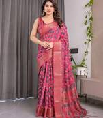 Premium floral print handloom linen weaved with golden zari saree with pallu tassels     5.5m