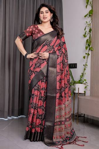 Printed handloom linen weaved with golden zari saree for women with floral design and tassels