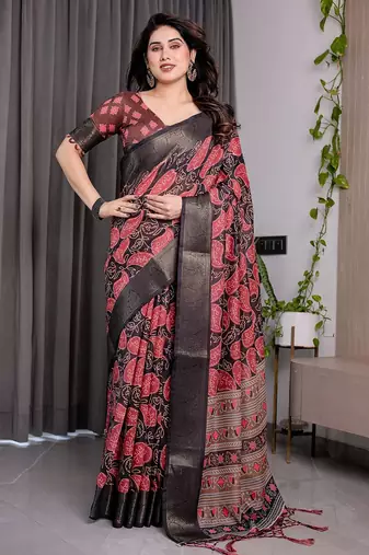 Printed handloom linen weaved with golden zari saree for women with floral design and tassels