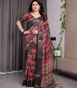 Printed handloom linen weaved with golden zari saree for women with floral design and tassels