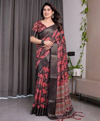 Printed handloom linen weaved with golden zari saree for women with floral design and tassels 2