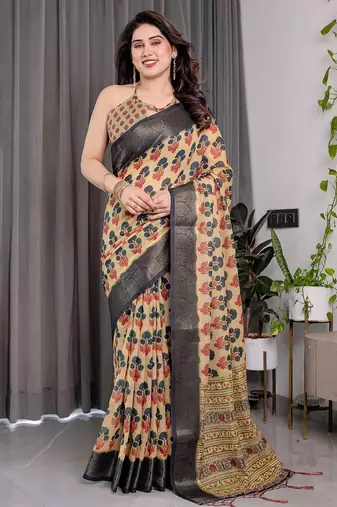 Everyday elegance handloom linen weaved with golden zari floral saree with blouse piece – 5.5m
