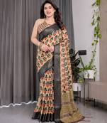 Everyday elegance handloom linen weaved with golden zari floral saree with blouse piece     5.5m