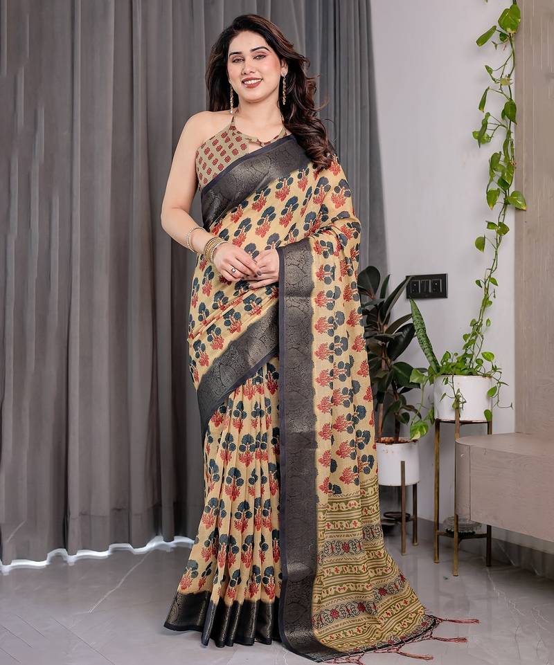 Everyday elegance handloom linen weaved with golden zari floral saree with blouse piece     5.5m