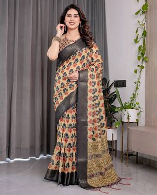 Everyday elegance handloom linen weaved with golden zari floral saree with blouse piece     5.5m 2
