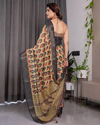 Everyday elegance handloom linen weaved with golden zari floral saree with blouse piece     5.5m 3