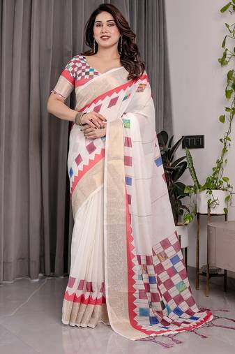 Soft handloom linen weaved with golden zari saree with multicolor floral print and tassel edges