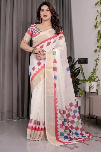 Soft handloom linen weaved with golden zari saree with multicolor floral print and tassel edges