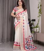 Soft handloom linen weaved with golden zari saree with multicolor floral print and tassel edges