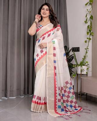 Soft handloom linen weaved with golden zari saree with multicolor floral print and tassel edges 2