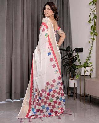 Soft handloom linen weaved with golden zari saree with multicolor floral print and tassel edges 3