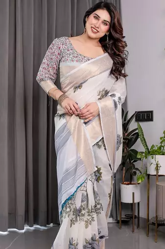 Stylish linen weaved with golden zari handloom saree with floral digital print and tassels – 5.5m + 0.8m