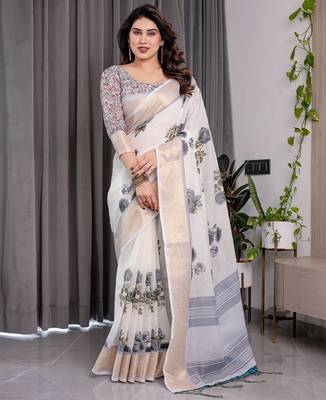 Stylish linen weaved with golden zari handloom saree with floral digital print and tassels     5.5m + 0.8m 3
