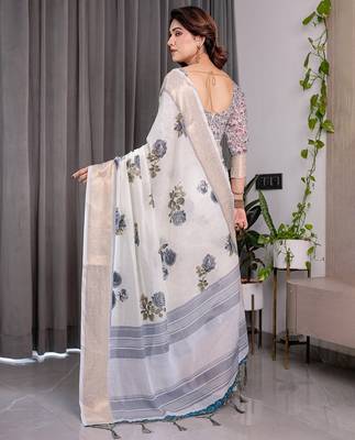 Stylish linen weaved with golden zari handloom saree with floral digital print and tassels     5.5m + 0.8m 4