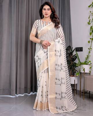 Festive ready handloom linen weaved with golden zari saree with floral artwork & matching blouse 1