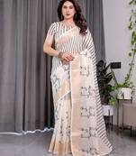 Festive ready handloom linen weaved with golden zari saree with floral artwork & matching blouse