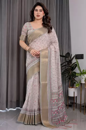 Handloom linen weaved with golden zari floral printed saree with tassels & attached blouse – 5.5m