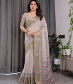 Handloom linen weaved with golden zari floral printed saree with tassels & attached blouse     5.5m