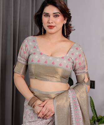 Handloom linen weaved with golden zari floral printed saree with tassels & attached blouse     5.5m 2