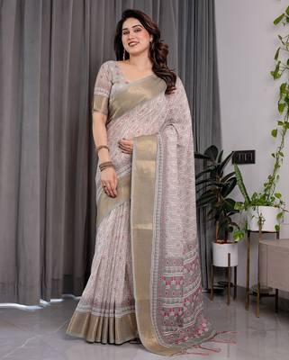 Handloom linen weaved with golden zari floral printed saree with tassels & attached blouse     5.5m 3