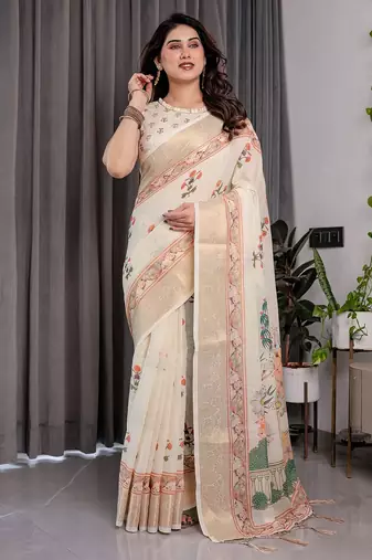 Elegant handloom linen weaved with golden zari saree with floral print & tassel edges – 5.5m + 0.8m blouse