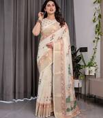 Elegant handloom linen weaved with golden zari saree with floral print & tassel edges     5.5m + 0.8m blouse
