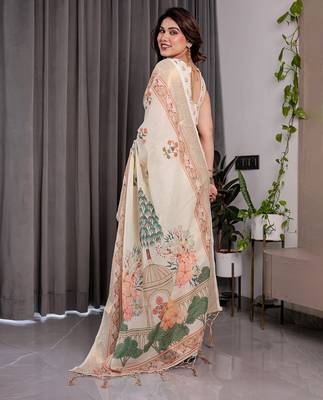 Elegant handloom linen weaved with golden zari saree with floral print & tassel edges     5.5m + 0.8m blouse 3