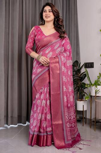 Pure linen weaved with golden zari handloom saree with floral print and designer tassels