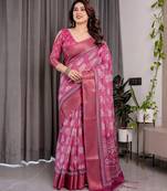 Pure linen weaved with golden zari handloom saree with floral print and designer tassels