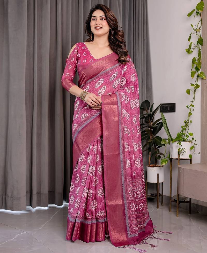 Pure linen weaved with golden zari handloom saree with floral print and designer tassels