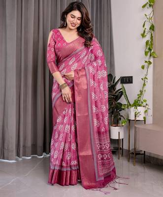 Pure linen weaved with golden zari handloom saree with floral print and designer tassels 3