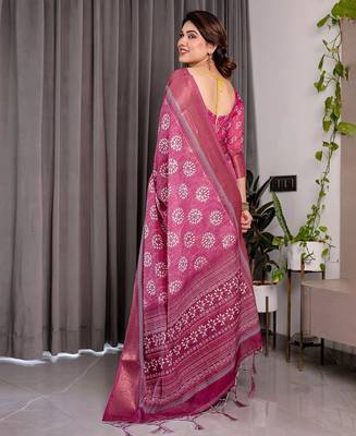 Pure linen weaved with golden zari handloom saree with floral print and designer tassels 4