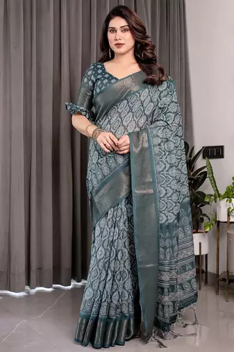 Floral printed linen weaved with golden zari saree in handloom weave with blouse piece – 5.5m