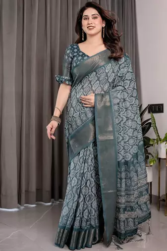 Floral printed linen weaved with golden zari saree in handloom weave with blouse piece     5.5m