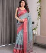 Soft handloom linen weaved with golden zari floral saree with tassels     includes 0.8m blouse