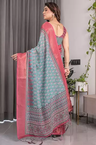 Soft handloom linen weaved with golden zari floral saree with tassels     includes 0.8m blouse