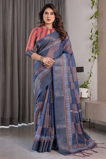 Printed floral handloom linen weaved with golden zari saree with stylish tassel finish – ready to wear
