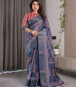 Printed floral handloom linen weaved with golden zari saree with stylish tassel finish     ready to wear