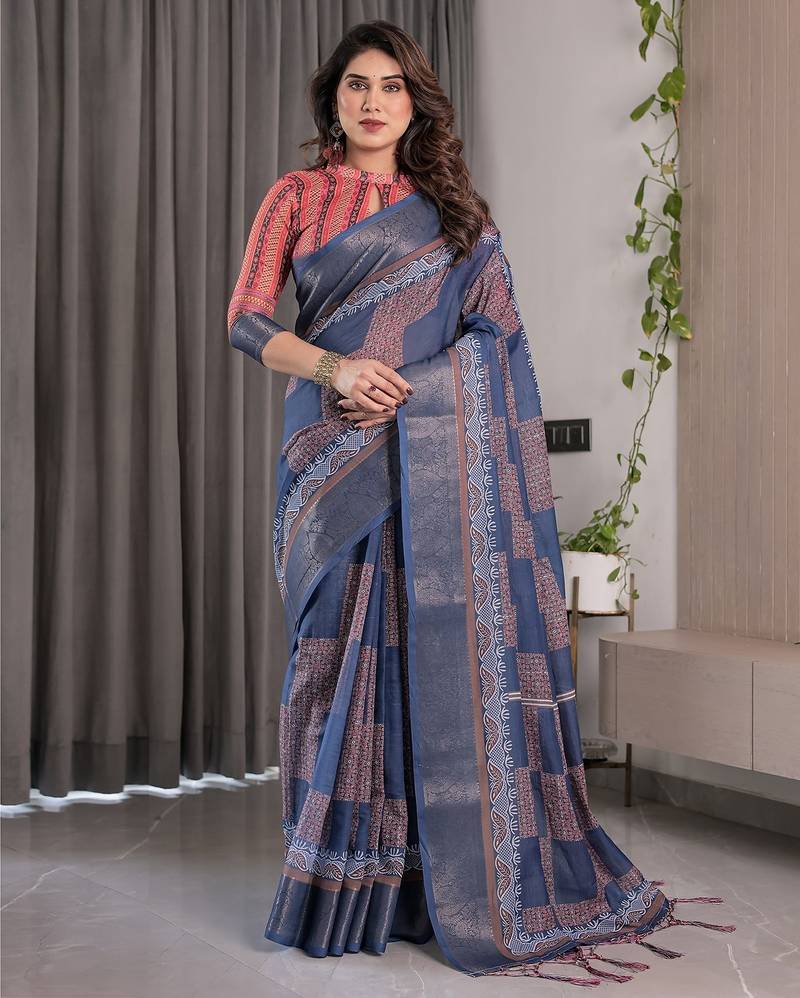 Printed floral handloom linen weaved with golden zari saree with stylish tassel finish     ready to wear