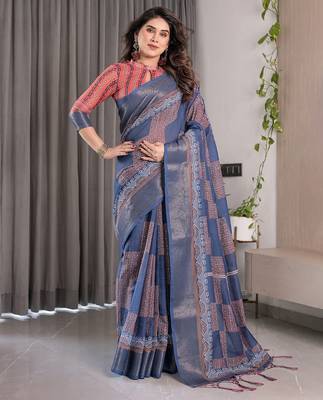 Printed floral handloom linen weaved with golden zari saree with stylish tassel finish     ready to wear 2