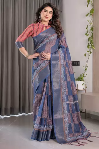Printed floral handloom linen weaved with golden zari saree with stylish tassel finish     ready to wear