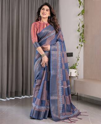 Printed floral handloom linen weaved with golden zari saree with stylish tassel finish     ready to wear 3
